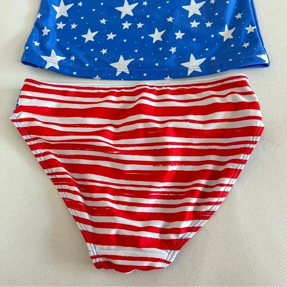 Swimsuit Two Piece Set Flag Print Lined Blue White Stars Size Girls 14 UPF 40+ - Picture 6 of 8
